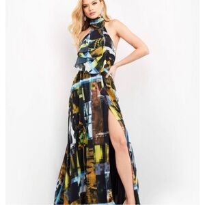 NEW JOVANI SZ 2 HALTER CHIFFON ABSTRACT PRINT HIGH SLIT FORMAL EVENING GOWN